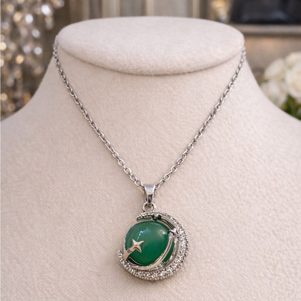Celestial Green Gemstone Necklace | Moon Star | 20” Chain